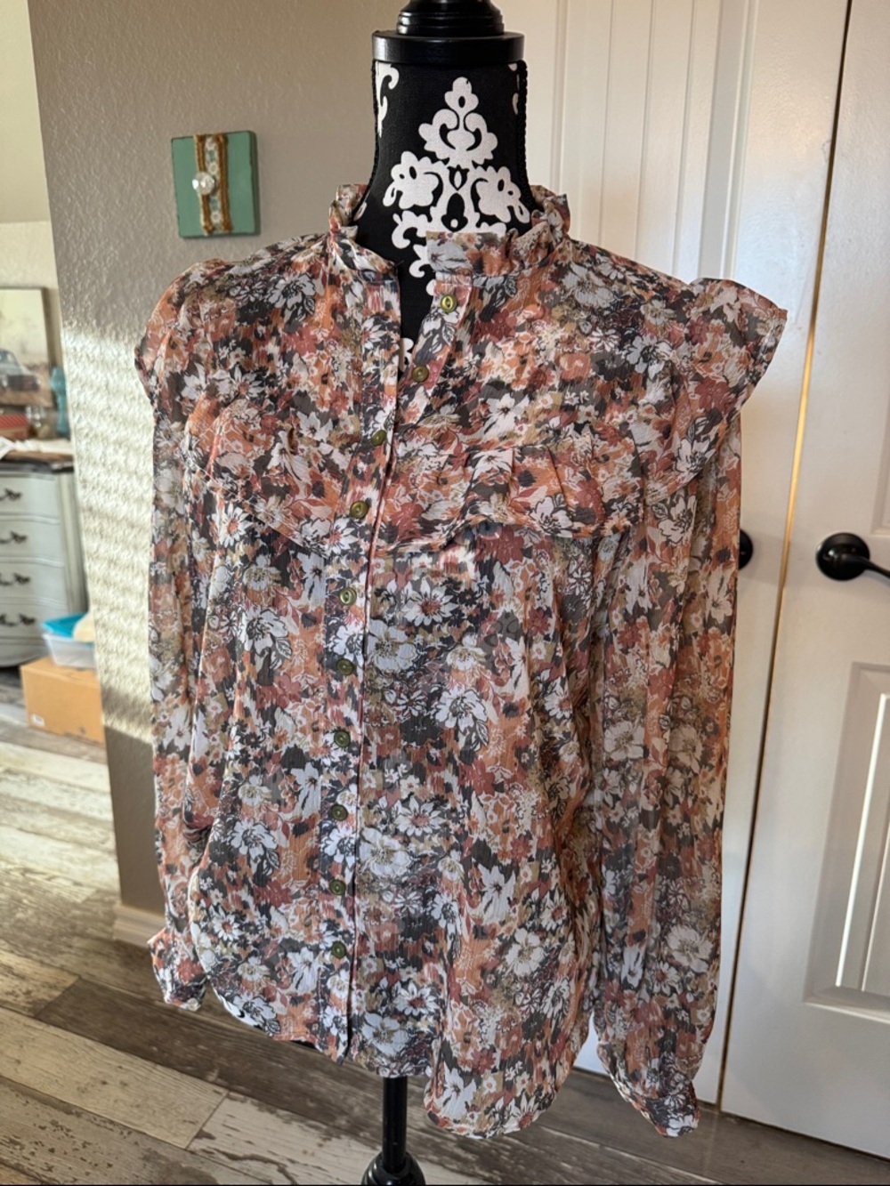 SHEIN Rust Multi Floral Ruffle-Trim Button Blouse